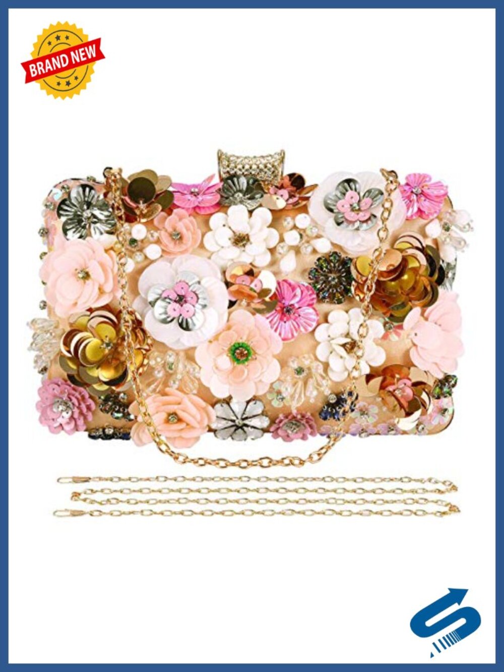 Floral Beaded Clutch Purse Satin Evening Bag with Chain